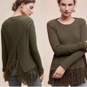 Anthropologie Eri + Ali Olive Green Fringe Sweater with Split Open Back